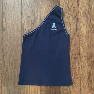 American Eagle Y2K One Shoulder Baby Tank Navy Sz L Logo Stretch Academia Preppy